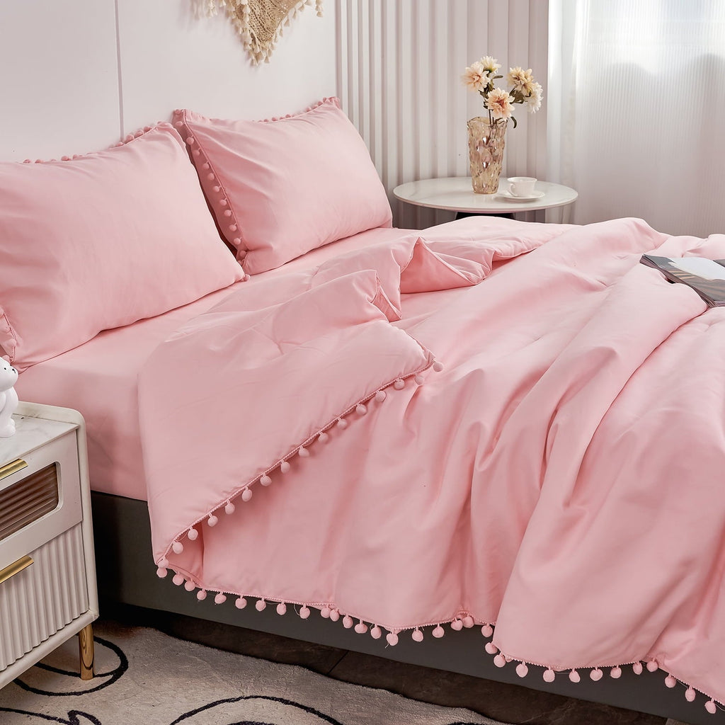 All-Season Pink Full Size Comforter Set Pom Fringe 3 Pcs Boho Chic Cute Ball Pom Blush Bedding Set Cali Soft Lightweight Solid B... - Hypoallergenic Ultra-Fluffy Quilt for Winter Detail