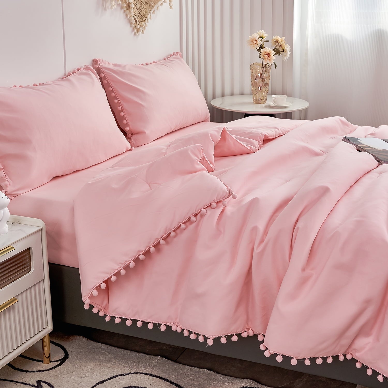 All-Season Pink Full Size Comforter Set Pom Fringe 3 Pcs Boho Chic Cute Ball Pom Blush Bedding Set Cali Soft Lightweight Solid B... - Hypoallergenic Ultra-Fluffy Quilt for Winter Detail
