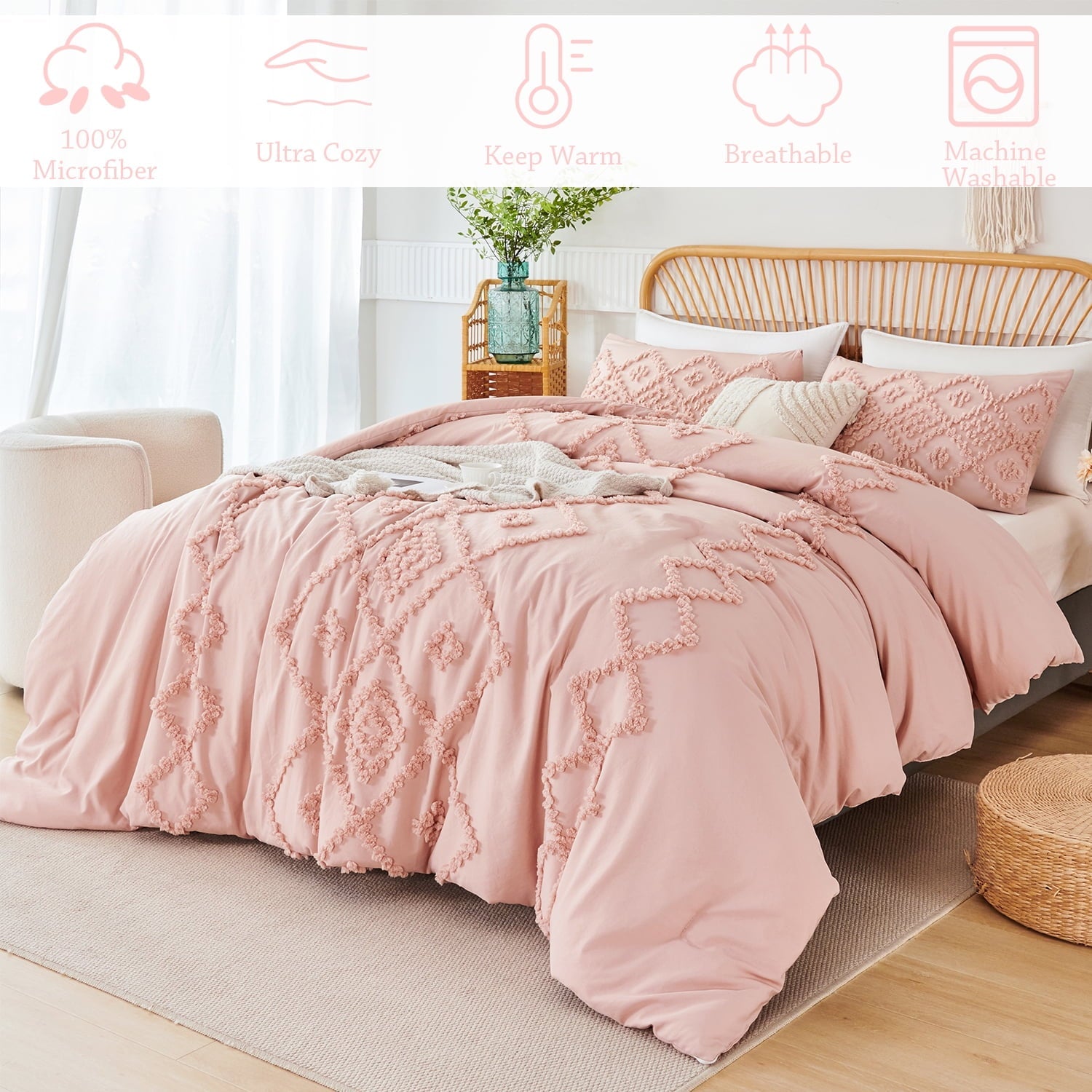 Hypoallergenic Cloud Pink Diamond Jacquard Comforter Set Queen 3 Pcs Bohemian Tufts Quilt Set for Kids Girls Adult 100% Soft Microfiber Be... - Cloud-Like Soft Lightweight Bed Comforter Detail