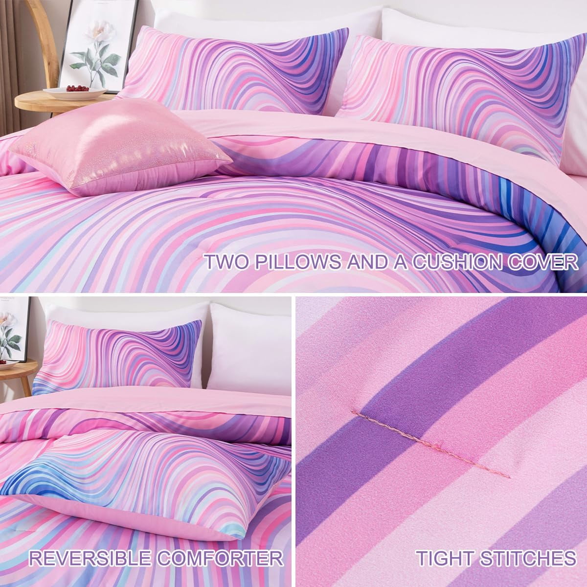 Heavyweight Warmth 6 Pieces Gradient Star Ring Comforter Set, Colorful Glitter Rainbow Wave Stripes Pattern Bedding Set for Boys Girls T... - Luxurious Quilted Duvet Cover Set Detail