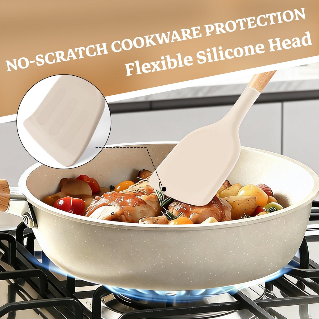 Non-Stick Safe 14-Piece Silicone Cooking Utensils Set, Non-Stick Kitchen Utensil Set for Baking, Flipping, Mixing, White - Heat-Resistant Silicone Cooking Spatula Turner Detail