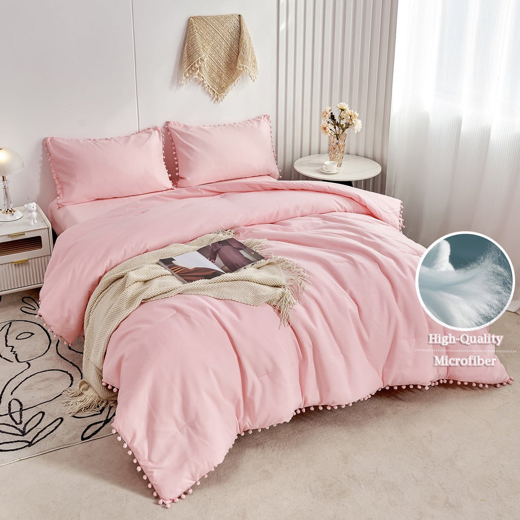 All-Season Pink Full Size Comforter Set Pom Fringe 3 Pcs Boho Chic Cute Ball Pom Blush Bedding Set Cali Soft Lightweight Solid B... - Hypoallergenic Ultra-Fluffy Quilt for Winter Detail