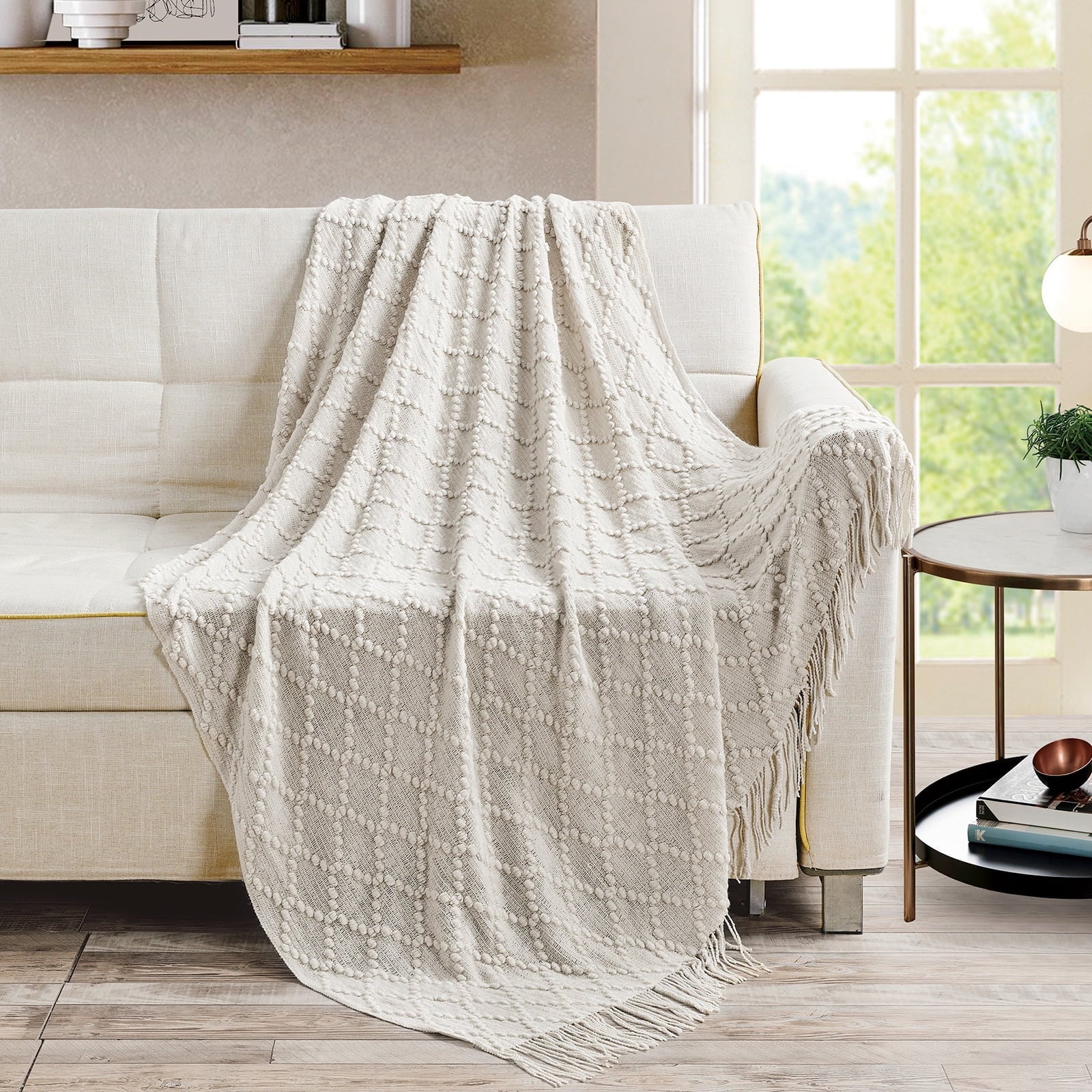 Lightweight Warm Texture Pure Color Soft Throw Blanket and Sofa Or Bed Knitted Decorative Blanket 50 x70 inches Jacquard Diamond Beige... - Cozy Fleece Throw Blanket for Couch & Bed Detail