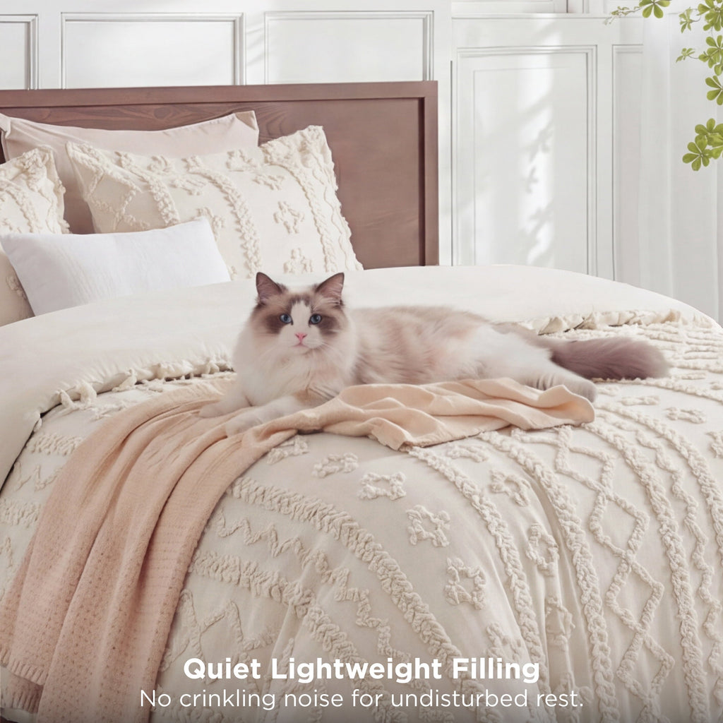 Hypoallergenic Cloud Tufted Boho Comforter Set Queen, Beige, 3 Pieces Farmhouse Shabby Chic Embroidery Bedding Set, Soft Jacquard Comforte... - Hypoallergenic Ultra-Fluffy Quilt for Winter Detail