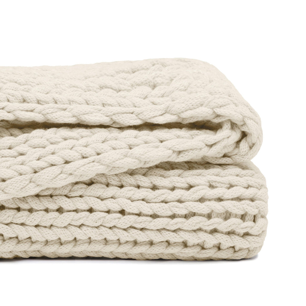 Decorative Knitted Soft & Cozy Chunky Hand-Knit Throw Blanket, Ivory - Luxury Knitted Decorative Throw Blanket with Fringes Detail