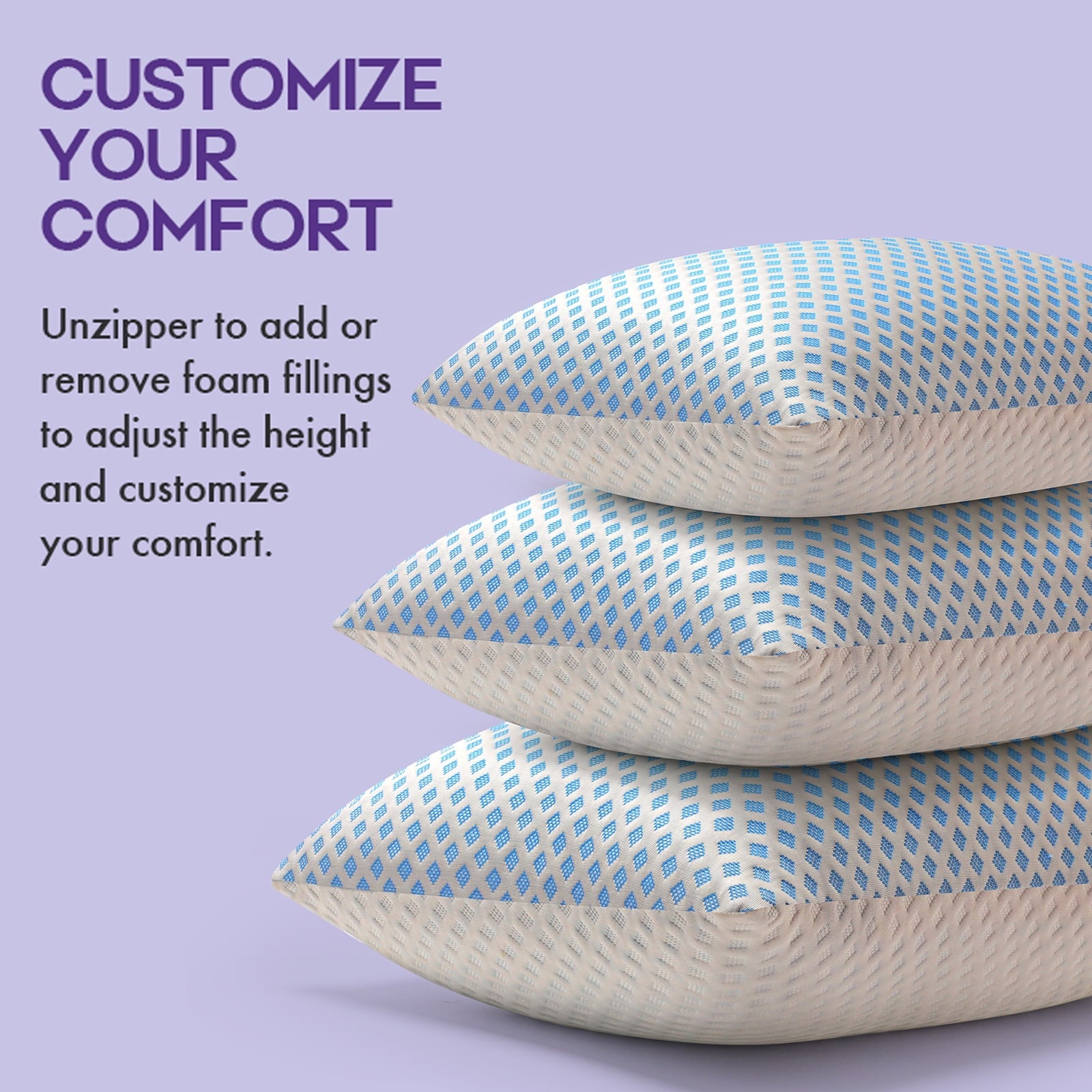 Fluffy Shredded Cooling Pillows for Bed Sleeping Shredded Memory Foam Pillows Queen Size Set of 2 Pack 20 x 30 inches - Hotel Quality Plush Sleeping Pillows Detail