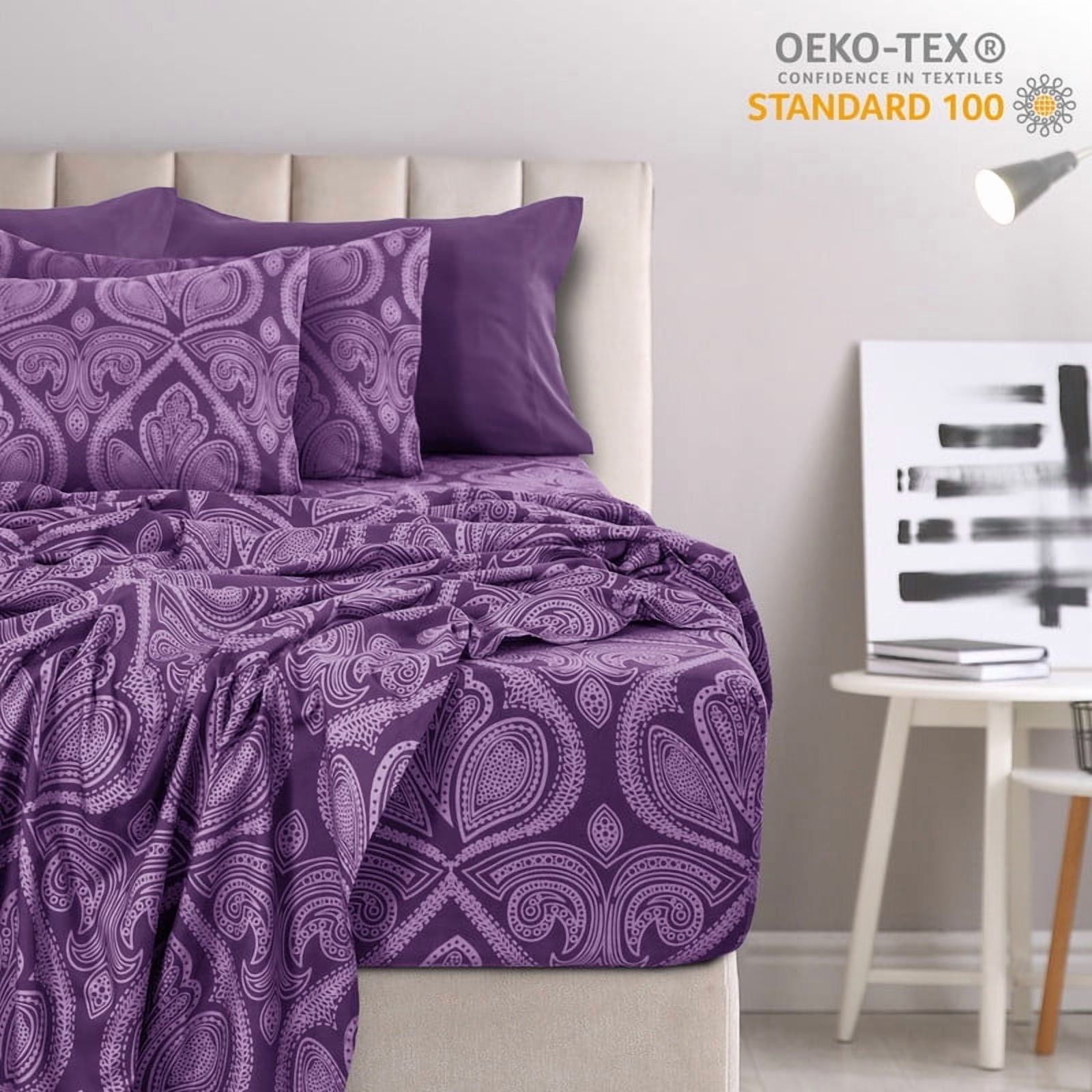 Breathable Luxury Paisley Printed Queen Bed Sheets Set, Microfiber 6 Piece Bedding Set - Purple - Cooling Hotel Quality Bedding Sheets and Pillowcases Detail