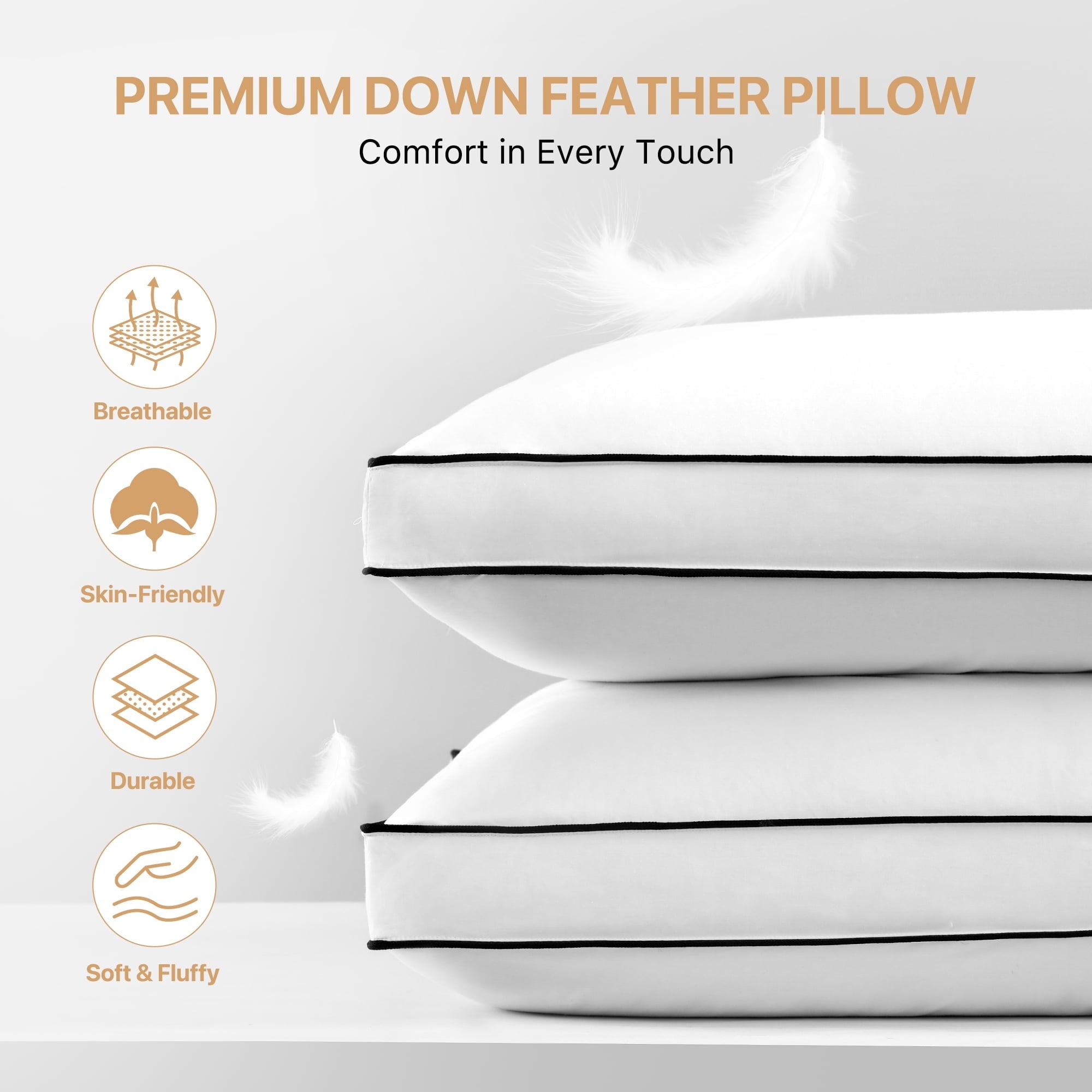 Ergonomic Memory Foam Gusseted Feather Down Pillow Set of 2, Medium Firm Hotel Bed Pillows 2 Pack, Queen Size for Side Sleepers, 20 x 30 in - Ergonomic Memory Foam Pillow for Neck Pain Support Detail