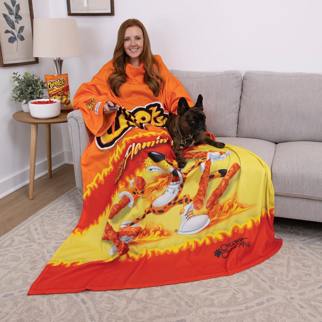 Reversible Sherpa Cheetos Flaming Hot Wearable Blanket - Luxury Knitted Decorative Throw Blanket with Fringes Detail