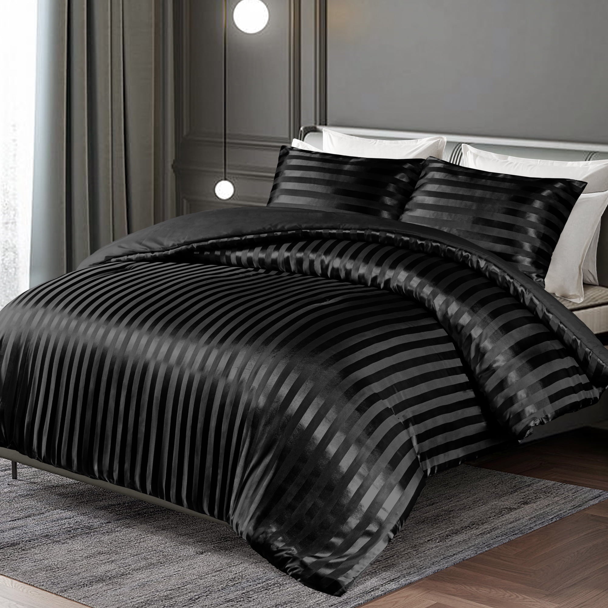 Luxurious Quilted 3-Piece Reversible Silky Soft King Size Comforter Set, Luxury Stripe Satin Oversized Comforter Bedding Set with 2 Sat... - Hypoallergenic Ultra-Fluffy Quilt for Winter Detail