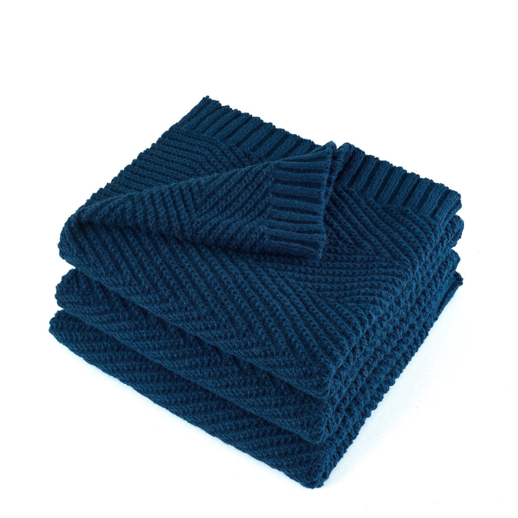 Reversible Sherpa Soft Knitted Throw Blanket 50" x 60" Navy Blue, Boho Chevron Farmhouse Throw for Bed Couch - Luxury Knitted Decorative Throw Blanket with Fringes Detail