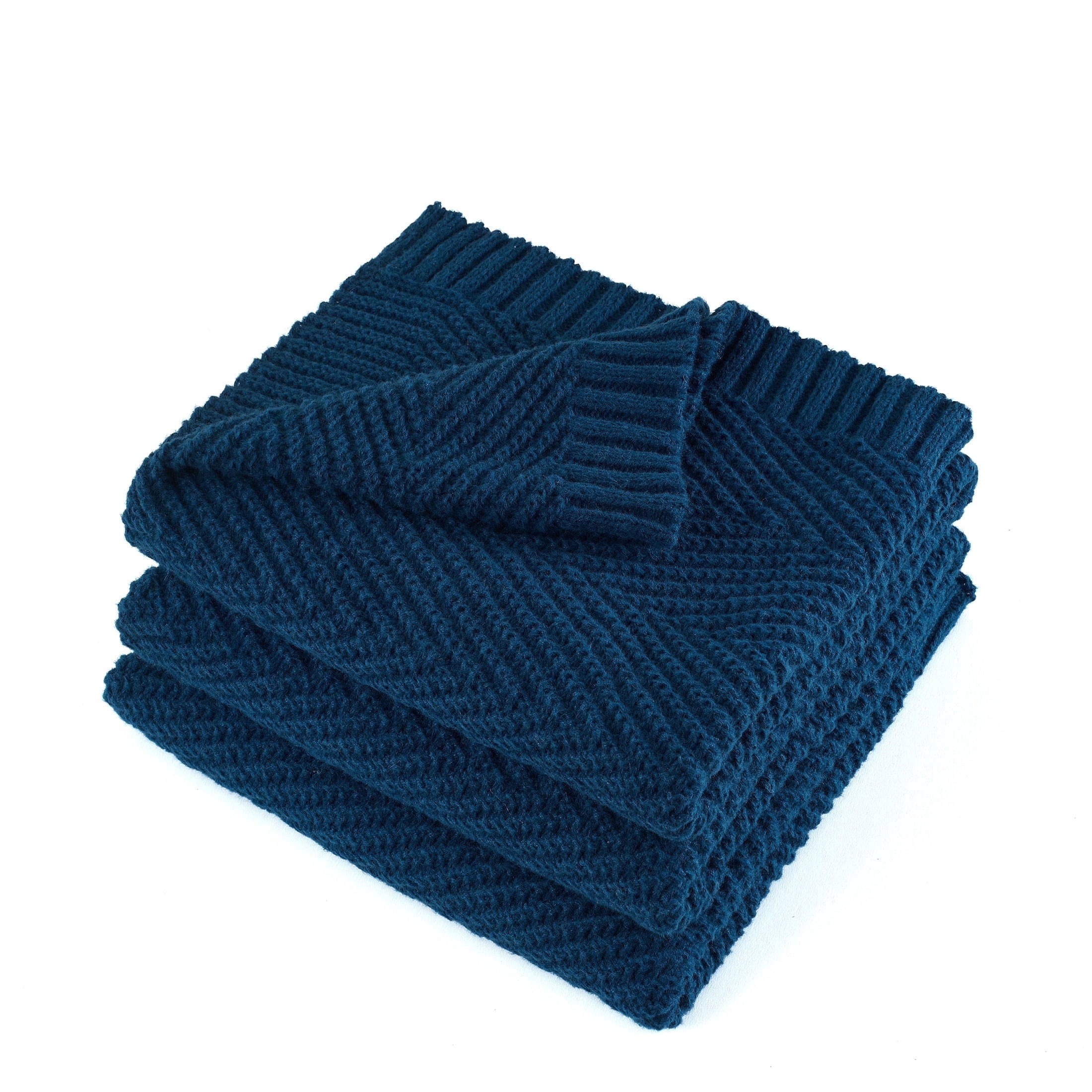 Reversible Sherpa Soft Knitted Throw Blanket 50" x 60" Navy Blue, Boho Chevron Farmhouse Throw for Bed Couch - Luxury Knitted Decorative Throw Blanket with Fringes Detail