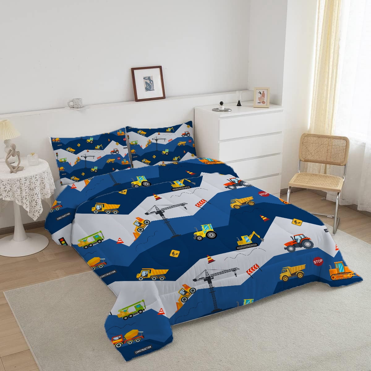 Luxurious Quilted Car Comforter Set Construction Bedding Set for Boys Kids Trucks Comforter Cartoon Car Excavator Tractor Blue 3Pcs Twin - All-Season Down Alternative Comforter Insert Detail