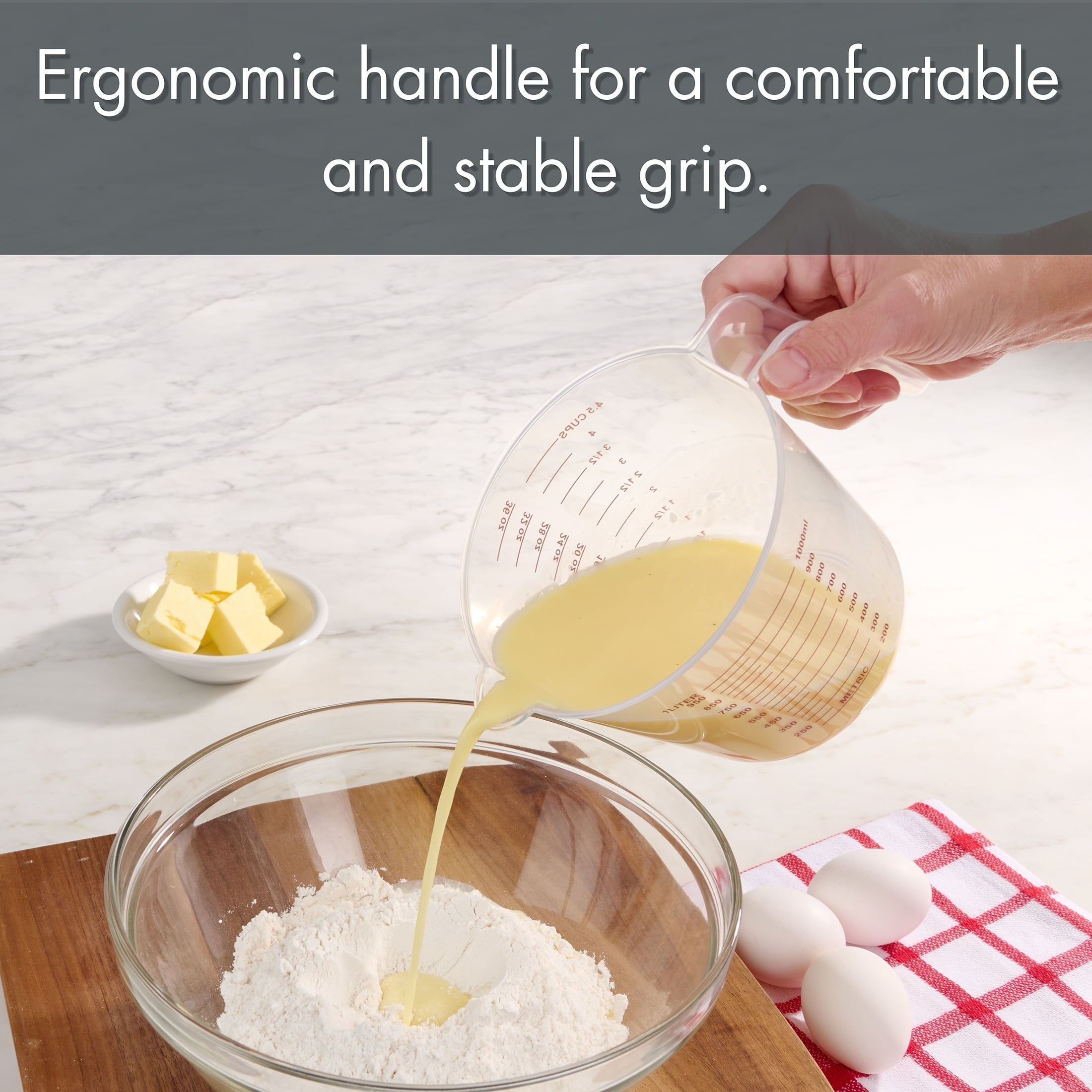 Ergonomic Manual 3-Piece Tapered Spout Nesting Plastic Measuring Cups Set, Clear - Premium Stainless Steel Garlic Presser & Peeler Detail
