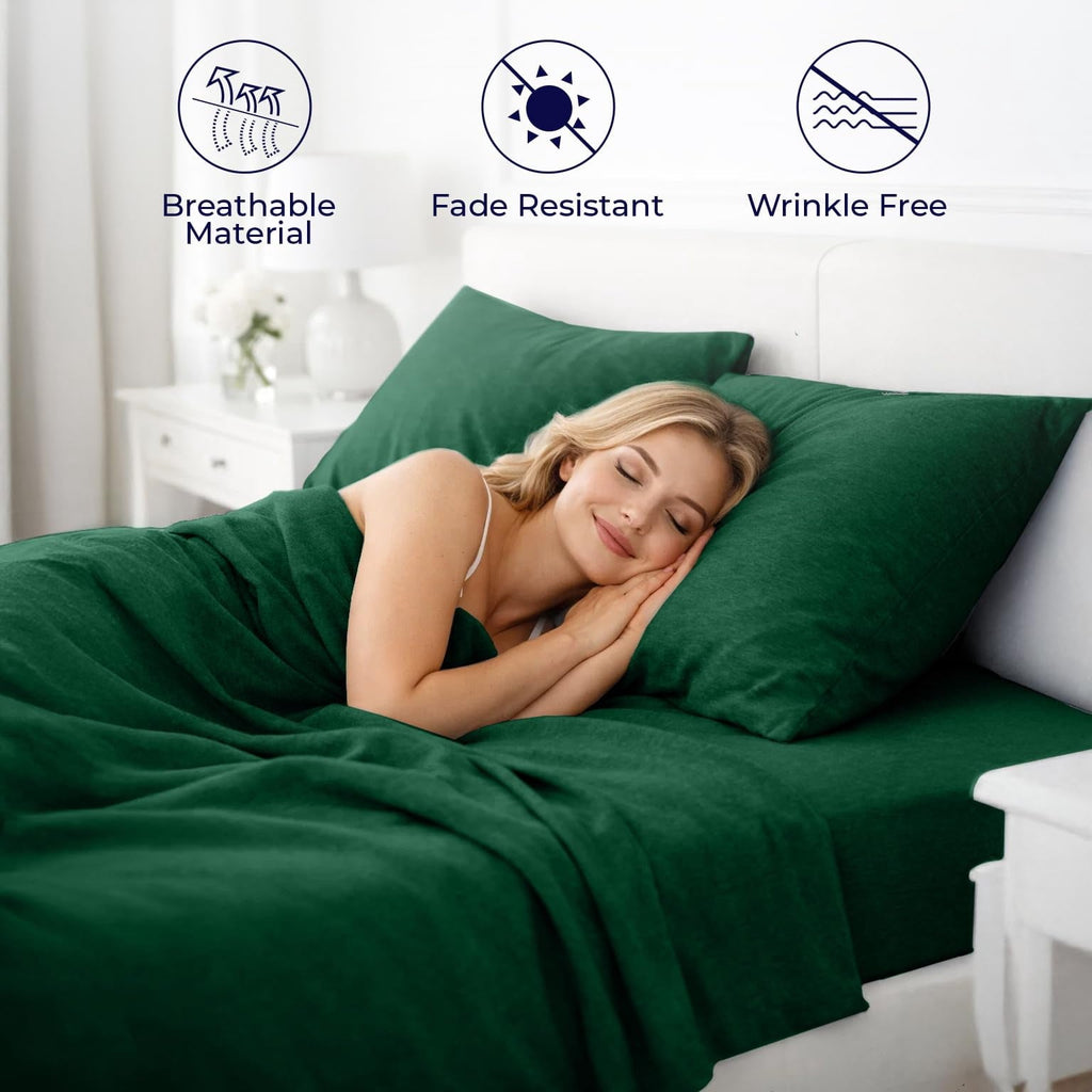 Wrinkle-Resistant Bed Sheet Set Twin 3 Piece Hunter Green Breathable Soft Cotton Jersey Sheets with Deep Pockets, Unisex - Premium Ultra-Soft Pillowcase Pair for Sleeping Detail