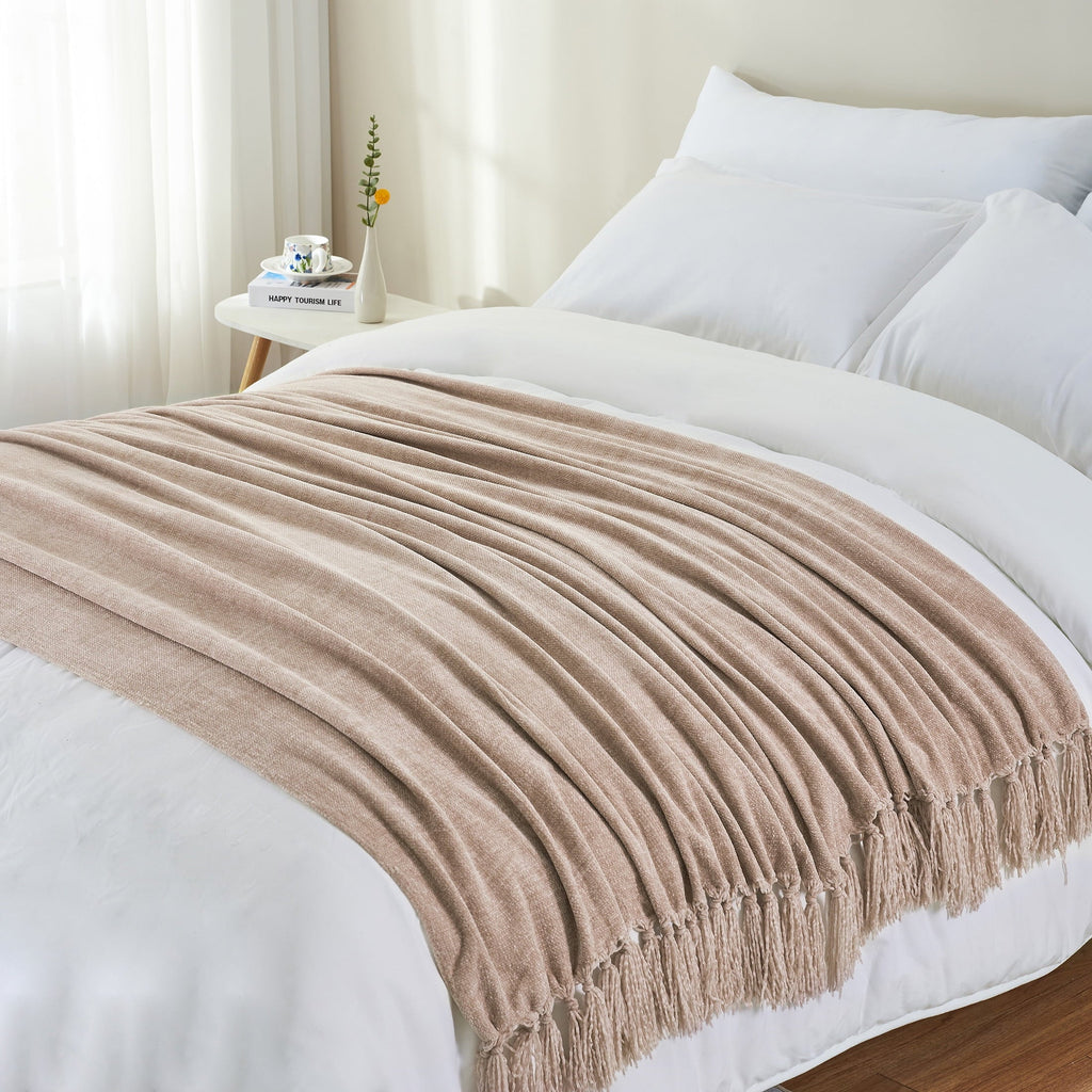 Reversible Sherpa Chenille Throw Blanket with Fringe Tassel for Couch Sofa Chair Bed, Taupe 50" X 60" - Lightweight Plush Warm Blanket for All Seasons Detail