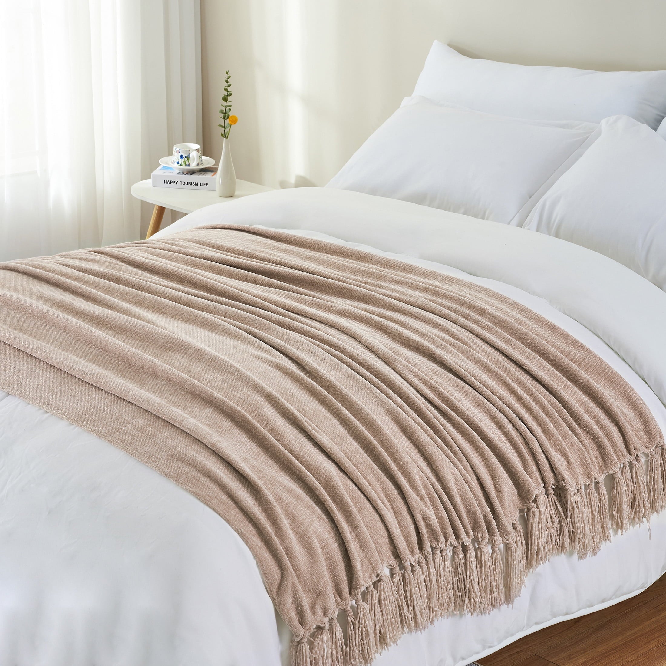 Reversible Sherpa Chenille Throw Blanket with Fringe Tassel for Couch Sofa Chair Bed, Taupe 50" X 60" - Lightweight Plush Warm Blanket for All Seasons Detail