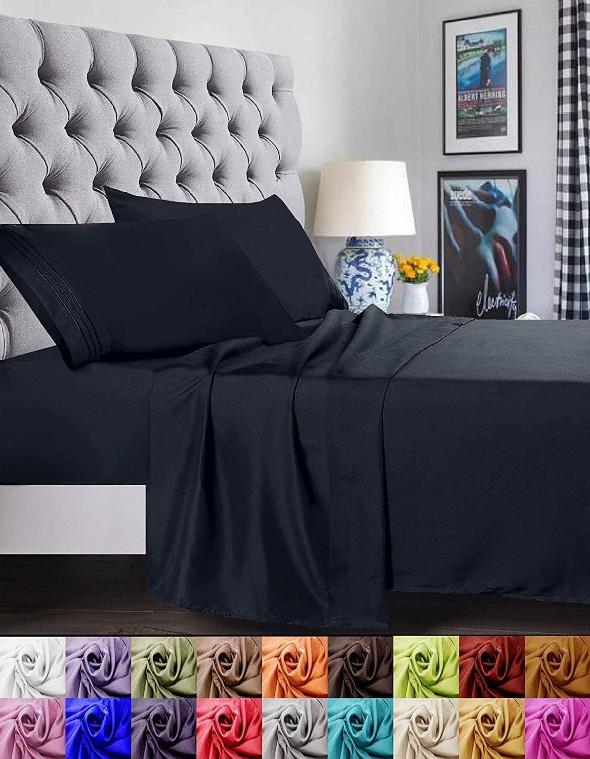 Cooling Sateen 1800 Series Microfiber Bed Sheets 6-Piece Set, Deep Pocket, Queen Black - Cooling Hotel Quality Bedding Sheets and Pillowcases Detail