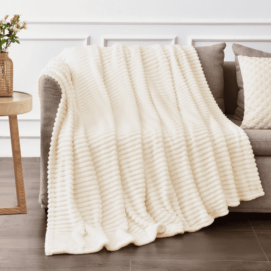 Decorative Knitted Throw Size Blanket for Couch, Sofa, Bed, Striped Beige Throw Blanket for Office Picnic Travel Bedroom, Super Soft War... - Cozy Fleece Throw Blanket for Couch & Bed - Default Title